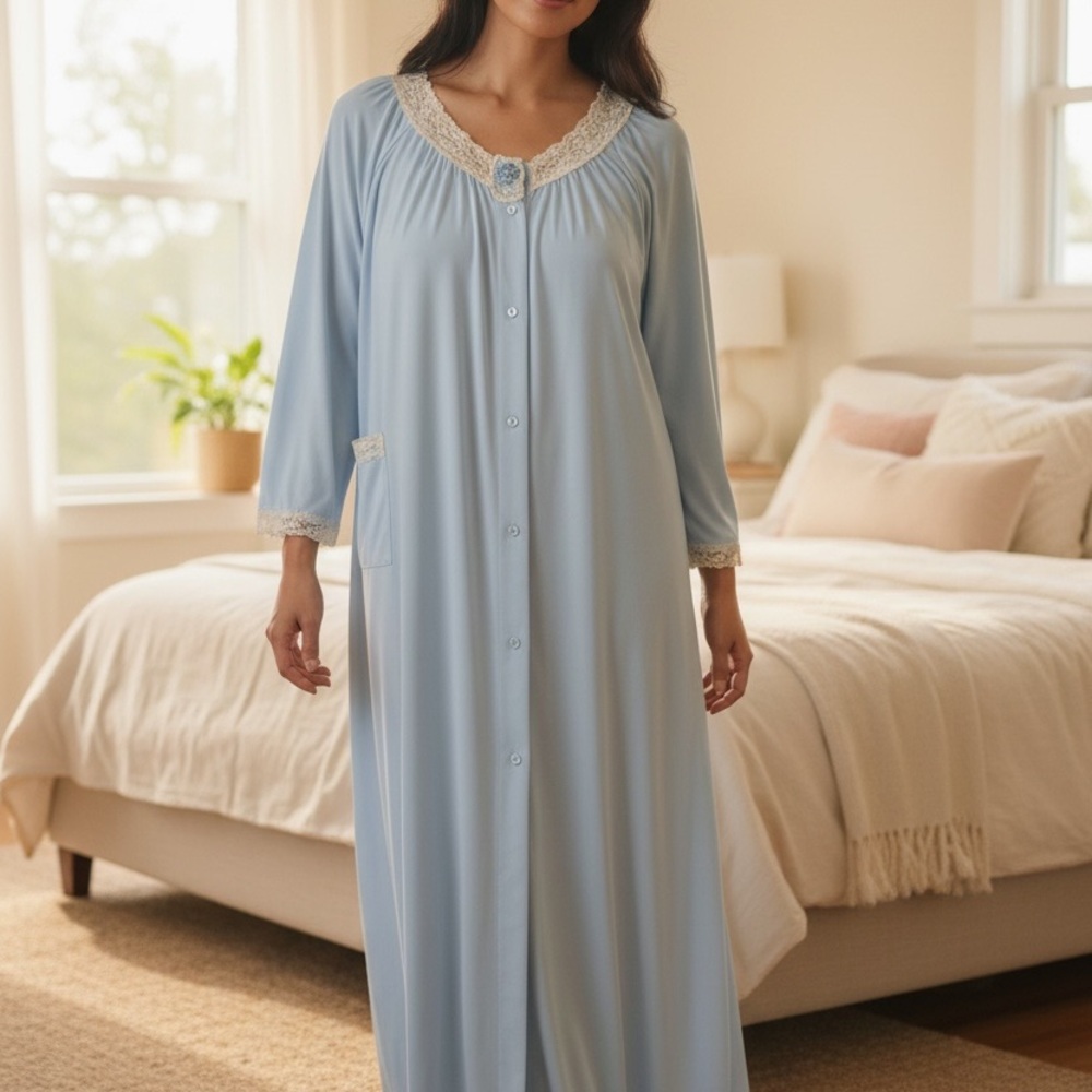 Vintage 70’s Shadowline blue nylon nightgown or robe with lace trim cottagecore